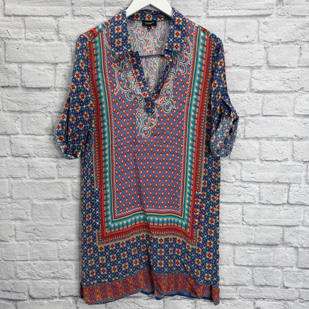 Tolani Silk Tunic Dress Size M Blue Paisley Boho Pockets Roll Tab Sleeves